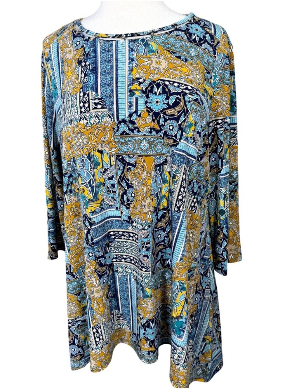 Chicos Patchwork Paisley Print High-Low Sharkbite Hem Tunic Scoop Beaded Neck L